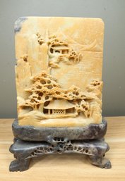 Chinese Soapstone Carved Plaque With Granite Stand Vintage 71