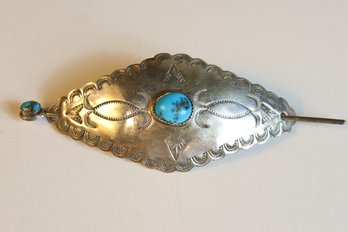 Vintage Native American Sterling Silver  And Turquoise Hair Pin