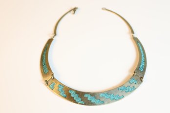 Alpaca Silver And Turquoise Inlay Choker Necklace Mexico