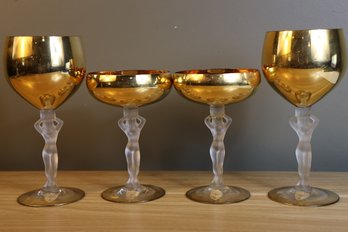 Vintage Rare 4 Bayel Bacchante Gold Nude Woman Stemmed Wine Glasses Goblets