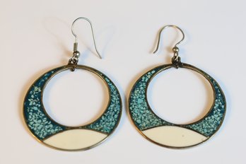 Vintage Alpaca Silver And Turquoise Enamel Inlay Dangle Earrings