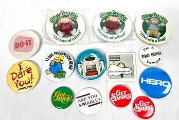 Lot Vintage Pins Buttons Tomy Robot, Cabbage Patch, Infocom & More
