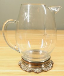 Silver Plate Base Etched Crystal Glass Pitcher MCM Mid-century Modern Atomic Starburst