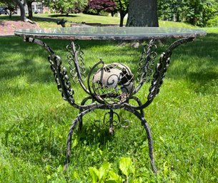 Vintage Wrought Iron Garden Table W/ Globe Center And Glass Top