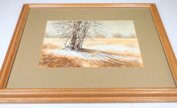 Signed Framed Watercolor Painting Bluebirds In Tree Winter Scene 1987