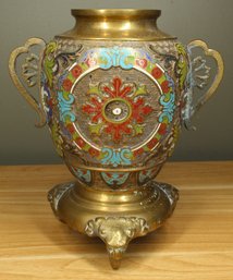 Antique Japanese Brass Champleve Cloisonne Vase Urn