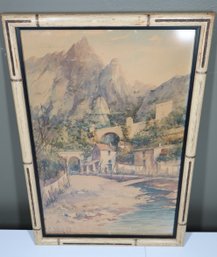 Signed 1910 Watercolor Painting Village Scene Framed Antique