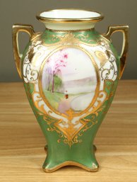 Nippon Hand Painted Porcelain Vase Jar Green Flowers Tree