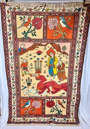 Vintage Hand Knotted Dyed Wool Rug / Tapestry Tribal Dragon Birds Desert Scene