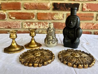 Miscellaneous Vintage Decorative Items Medallions, Vase, Candlesticks, Figural Bottle