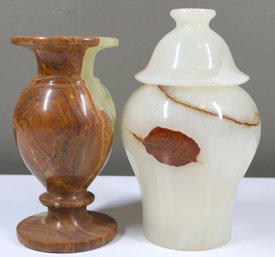 Pair Of Brown / White Onyx Decorative Vessels