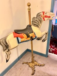 Antique  Allan Herschell Carved Wood Carousel Horse Hand Painted Jeweled Cast Iron Base On Pole