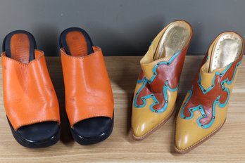 BCBGirls Western Cowboy Leather Wedge Slide Size 7 And Bongo Orange Peal Platform Wedge Slide Sandel Size 7.5