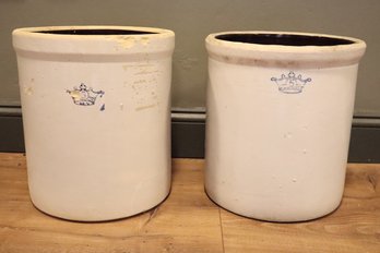 A Pair Of Vintage 5 Gallon Blue Crown Salted Glazed Stoneware Crocks.