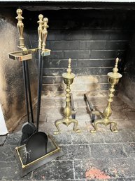 Vintage Brass Andirons And Fireplace Tools