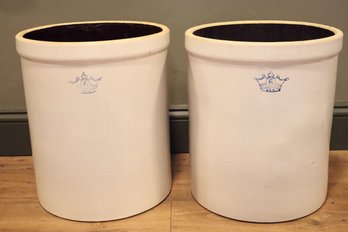 A Pair Of Vintage 6 Gallon Blue Crown Salted Glazed Stoneware Crocks.