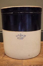 Vintage Brown And Cream 6 Gallon Blue Crown Stoneware Salt Glazed Crock