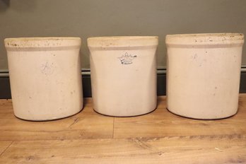 A Set Of 3 Vintage 3 Gallon Blue Crown, Cream And Brown, Glazed Stoneware Crocks.