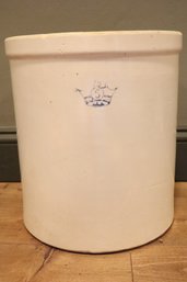 A Vintage 5 Gallon Blue Crown, Glazed Stoneware Crock. Cream With Brown