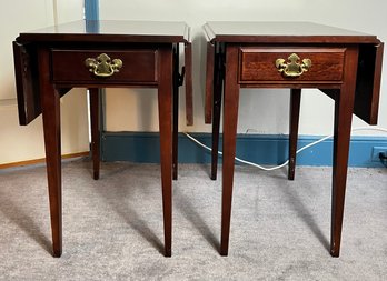 Pair Vintage Hooker End Tables - Drop Leaf With Drawer