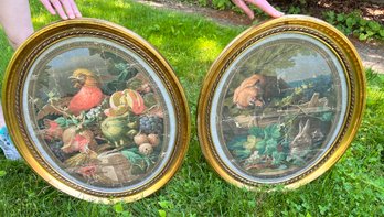 Pair Antique Print Pheasant And Fruit Oval Gold Gilden Frames