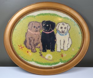 Framed Hook Rug Of 3 Puppies And Snail Oval Wall Hanging