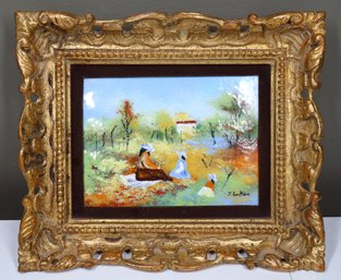 Framed Signed Painting On Copper Mother And Daughters Ornate Frame