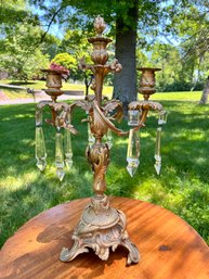 Antique French Provincial Three Arm Candelabra With Crystals