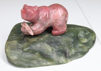 Carved Rhodonite Bear Green Stone Base