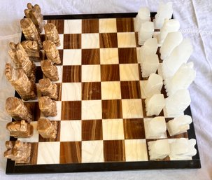 VINTAGE HANDCARVED WHITE & BROWN MARBLE STONE AZTEC CHESS BOARD