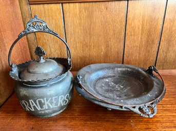 RARE Antique Victorian Crackers Silverplate JAR W/ LID Etched And Plate/bowl