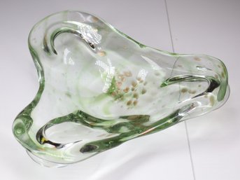 Green Art Glass Ashtray With Gold-tone Speckles