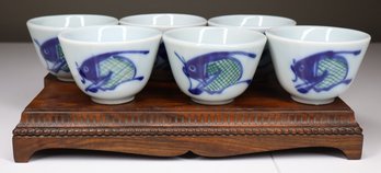 Set Of (6) Carp Glazed Porcelain Teacups And Wooden Stand