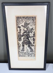 Framed Linocut Mayan Man With Torch