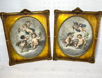 Antique Ornate Victorian Gold Gilt Wood  Framed Cherub Lithographs (2)