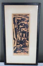 Framed Linocut Urban Scene