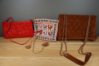 Lot Of  3 Purses Red Leather, Brown Leather And Needlepoint