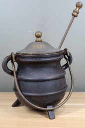 ANTIQUE CAST IRON AND BRASS FIRE STARTER SMUDGE POT WITH WAND