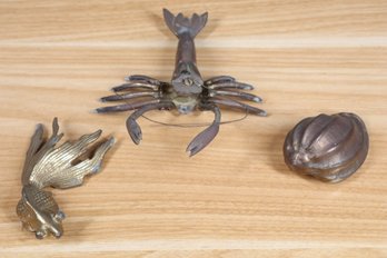 3 Bronze And Brass Figurines- Crawfish, Shell, And Gold Fish