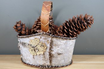 Natural Birch Bark Basket With Pinecones.