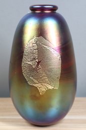 Robert Eickholt Amethyst Iridescent W/Gold Foil Art Glass Vase Signed