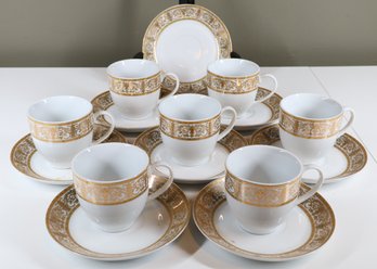 Set Of (7) Royal Vienna China Cup Saucer Set Gold Gilt Porcelain Vintage