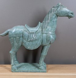 Chinese Tang Style Hand Carved Green Solid Jade Horse Figure. Stands On A Jade Platform