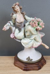 Capodimonte Figurine Lady On Pedestal Florence Italy, Signed By Artist