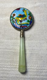 Vintage Hand Mirror With Nephrite Jade Handle And Porcelain Cockeral Design Back Good Condition