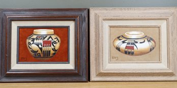 Lot- Pair Of Erv Johnson Native American Hopi Pottery Painting Acrylic On Suede Leather Signed