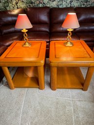 PAIR OAK END TABLES WITH DRAWERS AND PAIR OF MATCHING BRASS LAMPS