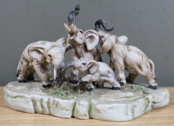 Elephants On Rock Figurine Signature On Bottom