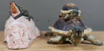 Lot- Hand Painted House Of Global Art Turtle And Hippo With Signature