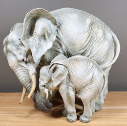 Elephant Mother & Calf Figurine Signed